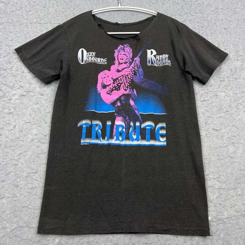 VTG 1987 Ozzy Osbourne Randy Rhoads Tribute Shirt Small Black Paper Thin Faded